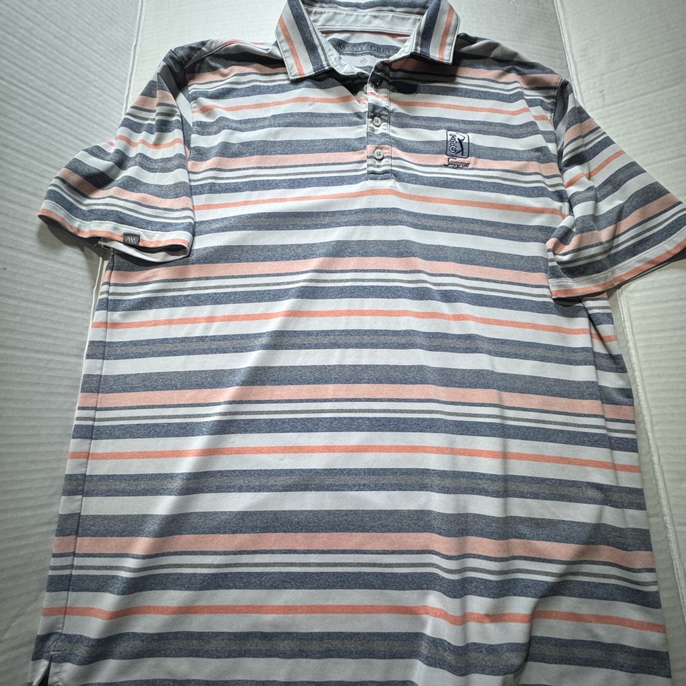 MATTE GREY XL TPC Sawgrass Striped Polo Shirt - Gray, Pink, and White